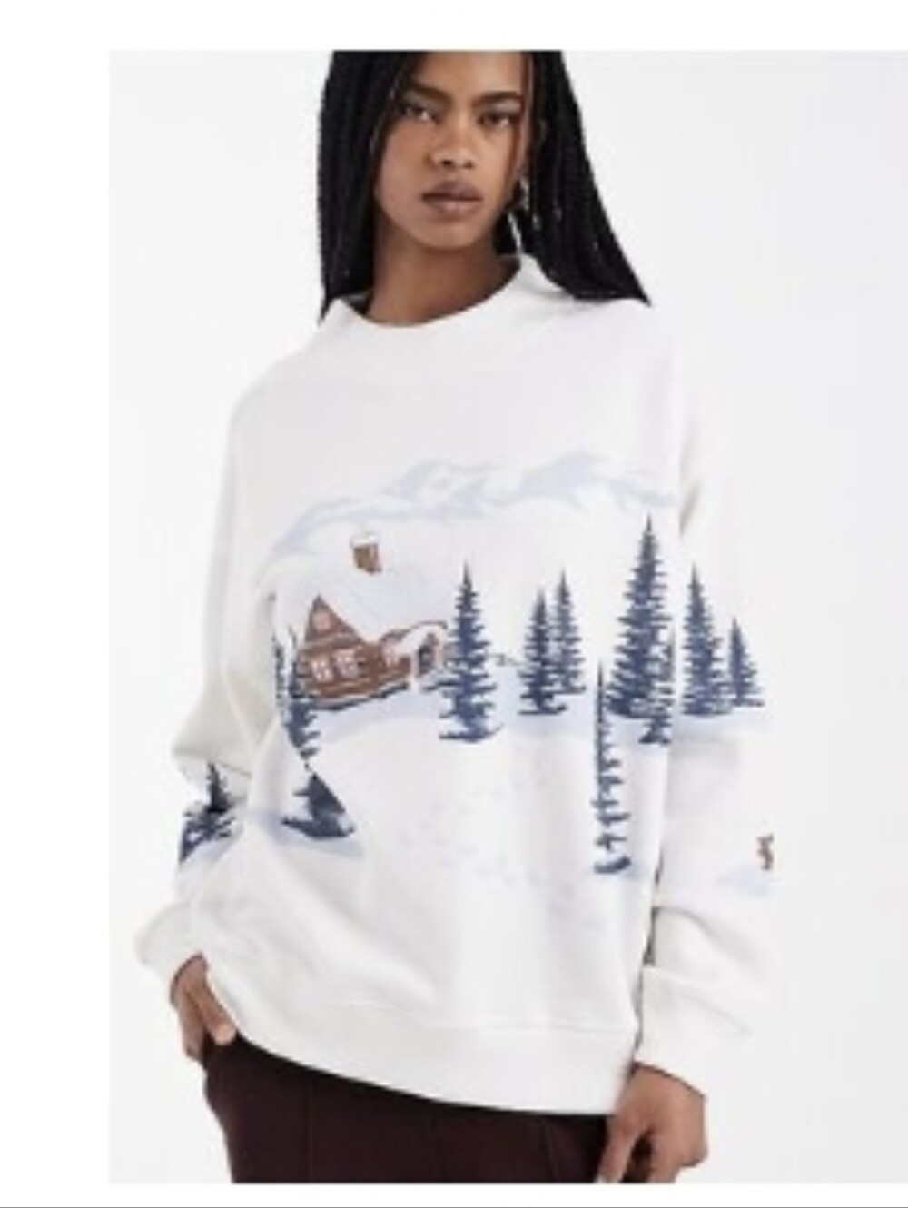 ☃️❄️ HOLLISTER Women's Cream COZY WINTER SCENE Cabin Graphic SWEATSHIRT ❄️☃️